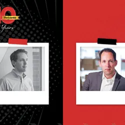 A grey scale photo of a young man is on the left side of the image on a black background. A color image of the same man, but a decade older, is on the right on a red background.