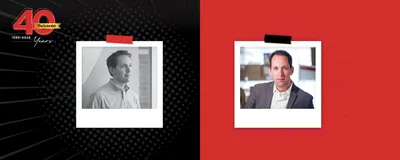 A grey scale photo of a young man is on the left side of the image on a black background. A color image of the same man, but a decade older, is on the right on a red background.