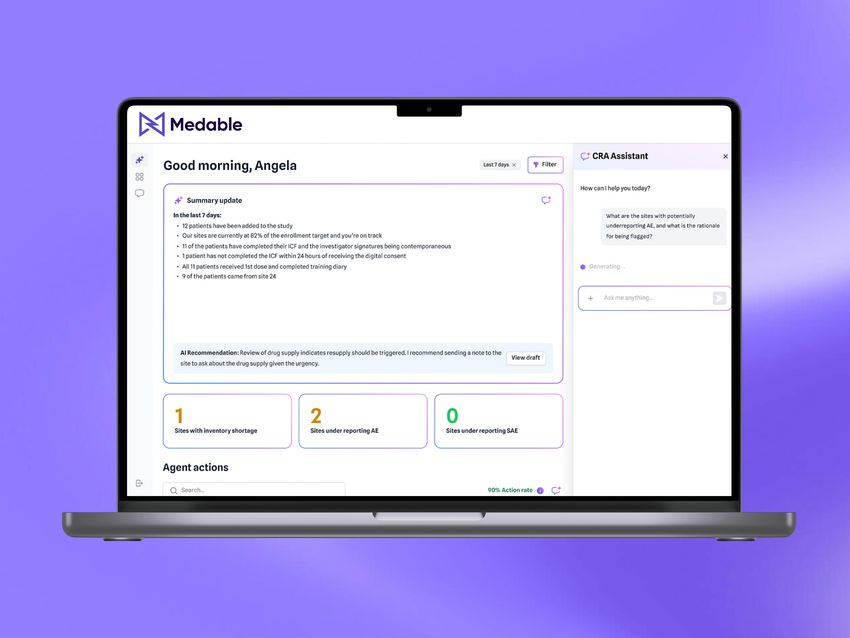 Medable’s Clinical Monitoring Agent is shown on a laptop screen against a purple background. Medable’s Clinical Monitoring Agent is shown on a laptop screen against a purple background.