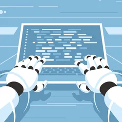 An artificial intelligence model, represented by robot hands, writes a scientific report on a computer.