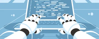 An artificial intelligence model, represented by robot hands, writes a scientific report on a computer.