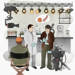 mage of an actor playing a scientist, a scientist consultant, and a Hollywood director on a filmset. 