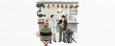 Image of an actor playing a scientist, a scientist consultant, and a Hollywood director on a filmset.