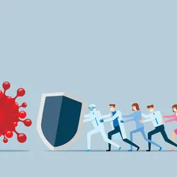 A vector image of scientists, doctors, and business professionals in a line on the right of the image holding up a shield against a red pathogen on the left of the image. 