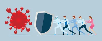 A vector image of scientists, doctors, and business professionals in a line on the right of the image holding up a shield against a red pathogen on the left of the image. 