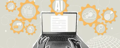 Vector image of two hands using a laptop. There are yellow gear symbols floating around the computer. Each one has a different digital productivity symbol.