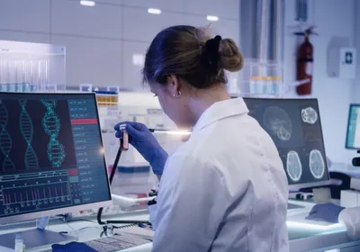 Image of two scientists sitting side by side in a laboratory. The woman on the left is looking at a vial while a man on the right is looking through a microscope.