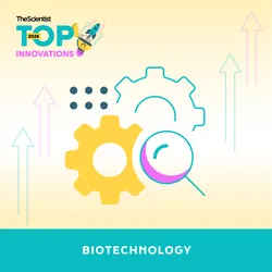 An image containing the Biotechnology category logo, featuring yellow and blue gears and a blue and pink magnifying glass, and a small 2026 Top Innovations contest logo in the top left corner.