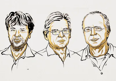 Black and gold sketch of Karl Deisseroth, Peter Hegemann and Georg Nagel, who won this year’s Nobel Prize in Physiology or Medicine.