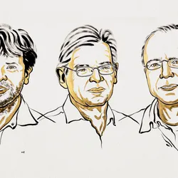 Black and gold sketch of Karl Deisseroth, Peter Hegemann and Georg Nagel, who won this year’s Nobel Prize in Physiology or Medicine. 