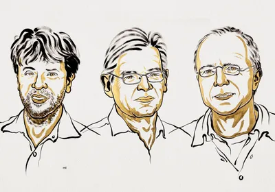 Black and gold sketch of Karl Deisseroth, Peter Hegemann and Georg Nagel, who won this year’s Nobel Prize in Physiology or Medicine. 