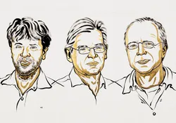 Black and gold sketch of Karl Deisseroth, Peter Hegemann and Georg Nagel, who won this year’s Nobel Prize in Physiology or Medicine. 