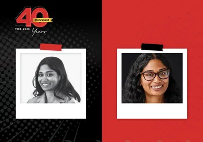 In the TS 40th anniversary template, a black and white photo of Sohini Ramachandran is on the left and a more recent color photo of her smiling and wearing glasses is on the right.