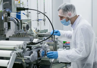 A scientist wearing a white lab coat, hairnet, and blue gloves works with a piece of equipment in a biomanufacturing space. 
