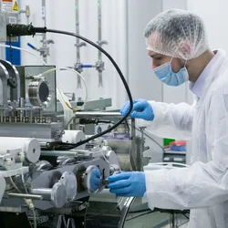 A scientist wearing a white lab coat, hairnet, and blue gloves works with a piece of equipment in a biomanufacturing space. 