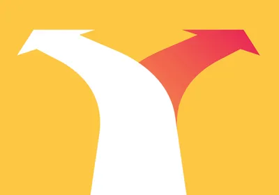 A cartoon showing a white arrow moving into the image and veering toward the left while a red arrow juts off at the turn to curve to the right on a yellow background. 