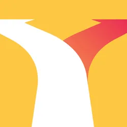 A cartoon showing a white arrow moving into the image and veering toward the left while a red arrow juts off at the turn to curve to the right on a yellow background. 