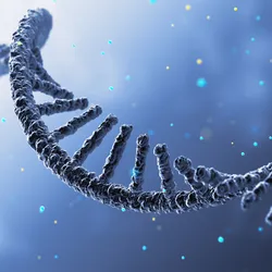Three-dimensional illustration of a curved, single-stranded RNA molecule against a blue background