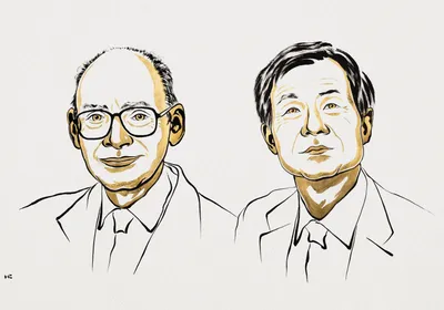Black and gold sketch of Henri Kagan and Kenso Soai, who won this year’s Nobel Prize in Chemistry. 