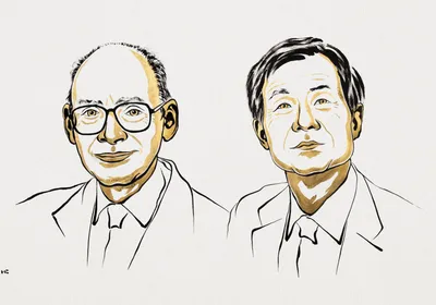 Black and gold sketch of Henri Kagan and Kenso Soai, who won this year’s Nobel Prize in Chemistry. 