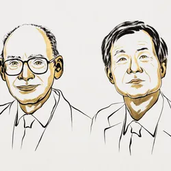 Black and gold sketch of Henri Kagan and Kenso Soai, who won this year’s Nobel Prize in Chemistry.