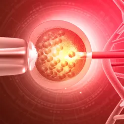 A human egg cell being genetically altered with a syringe and DNA.